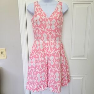 GAP 100% Linen Lined Pink White V Neck Mini Dress Pleated Pockets Size 0